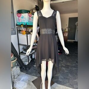 ROYAL BONES cinched waist hi low black lace and faux leather dress